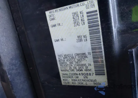 2009 Nissan Altima 2.5 S from USA, damaged, VIN 1N4AL21E89N490887